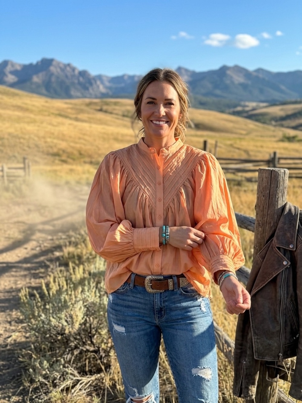 THE SHIRT by Rochelle Behrens-The Shive Ruffled Shirt/ Light Orange / NWOT / S